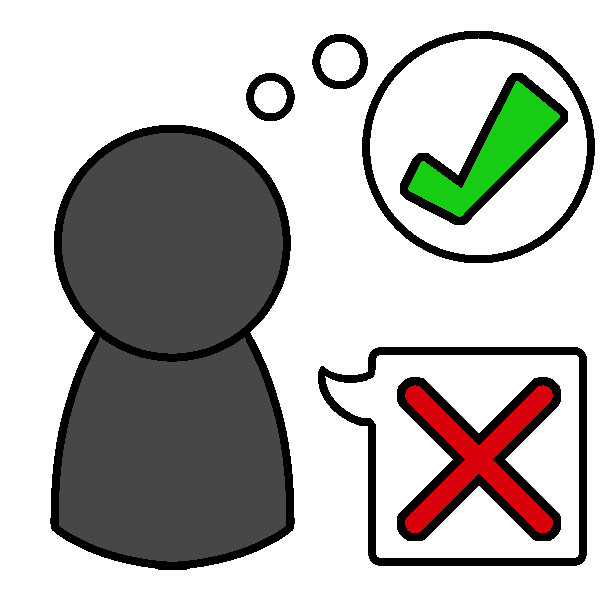 A gray person who is thinking a green check mark and saying a red X.